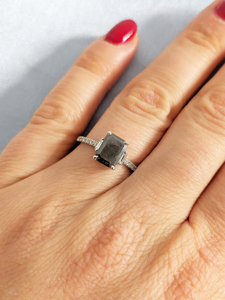 14K White Gold Ring, Emerald Cut Salt and Pepper Diamond Ring, Round Cut Baguette Diamond Pave Ring, Vintage Emerald Shape Engagement Rings image #7