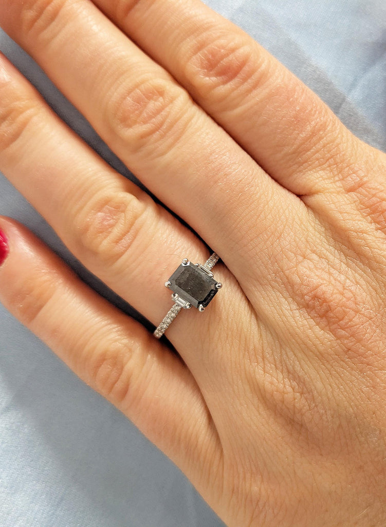 14K White Gold Ring, Emerald Cut Salt and Pepper Diamond Ring, Round Cut Baguette Diamond Pave Ring, Vintage Emerald Shape Engagement Rings image #10