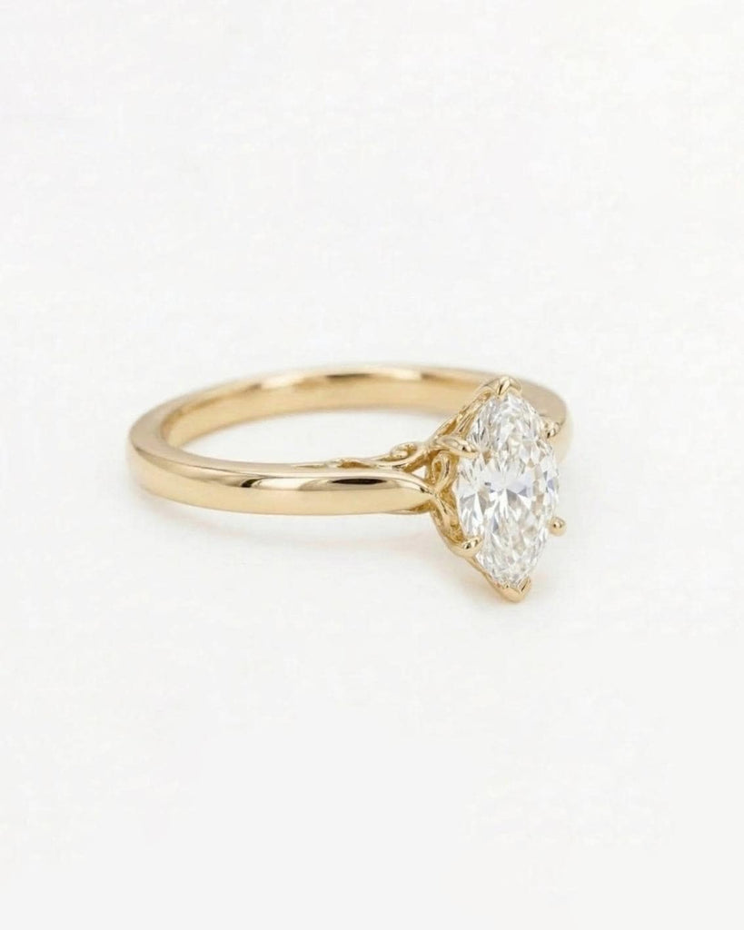 14k Solid Yellow Gold Marquise Cut Solitaire Moissanite Ring | 1-4ct 6 Prongs Anniversary Diamond Ring For Her | Filigree Wedding Ring