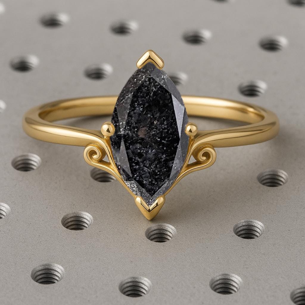 Marquise Salt and Pepper Diamond Ring, 14k Yellow Gold Vintage Filigree Engagement Ring, Unique Solitaire Rings, Alternative Bridal Jewelry