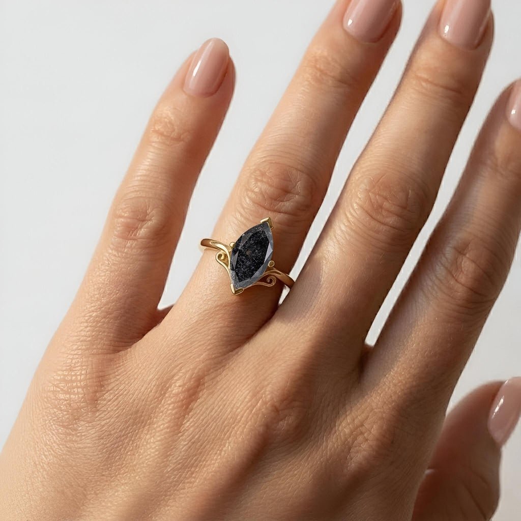 Marquise Salt and Pepper Diamond Ring, 14k Yellow Gold Vintage Filigree Engagement Ring, Unique Solitaire Rings, Alternative Bridal Jewelry