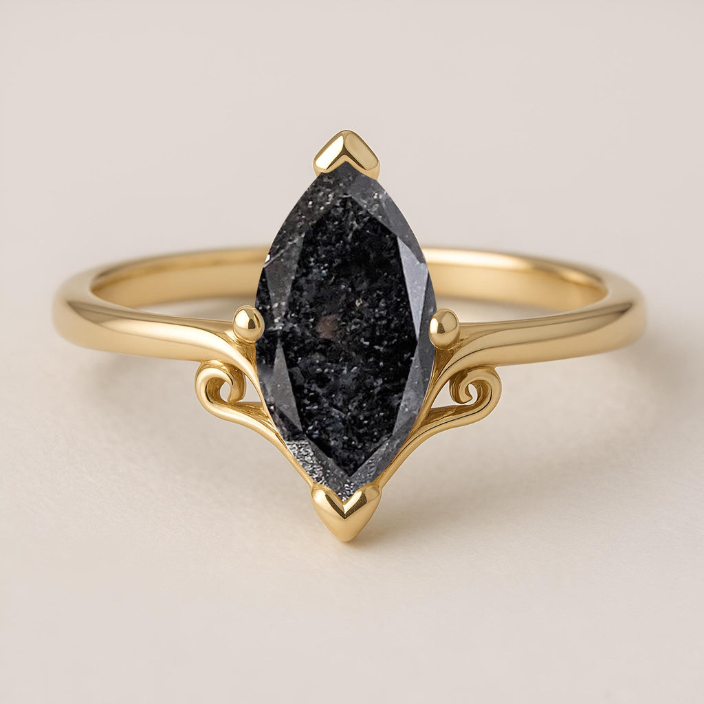 Marquise Salt and Pepper Diamond Ring, 14k Yellow Gold Vintage Filigree Engagement Ring, Unique Solitaire Rings, Alternative Bridal Jewelry