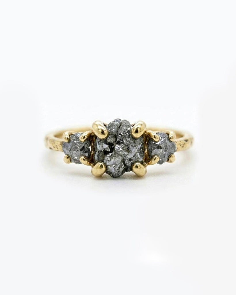 1ct Raw Salt and Pepper Grey Diamond Engagement Ring | 14k Yellow Gold Rings for Women | Rustic Hammered Dainty Promise Ring | Bridal Gift