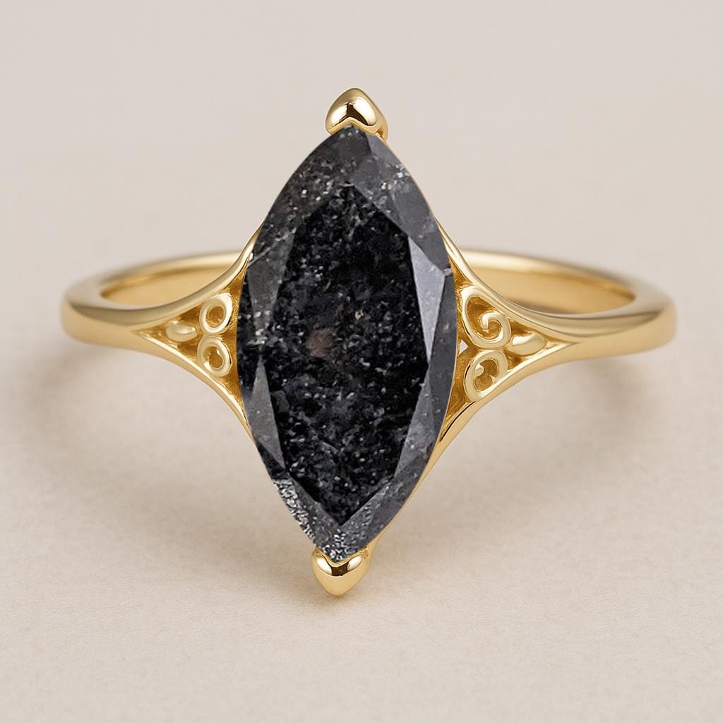 Salt and Pepper Diamond Engagement Ring, Minimalist Marquise 14k Yellow Gold Filigree Ring image #2