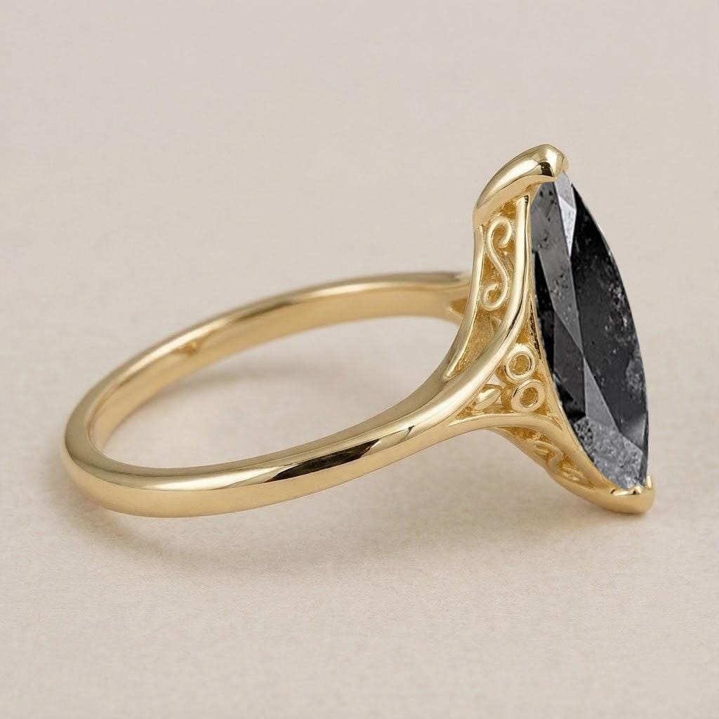Marquise Salt and Pepper Diamond Engagement Ring, Filigree 14k Solid Gold Solitaire Ring, Vintage Statement Rings for Women, Diamond Jewelry