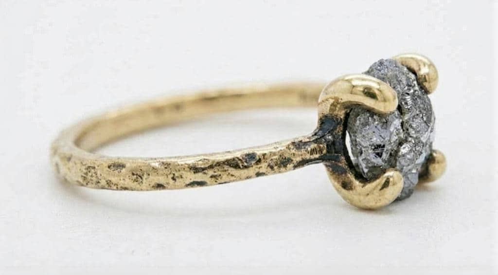 1-3 Carat Raw Diamond Ring, Dainty 14k Solid Gold Uncut Salt and Pepper Engagement Rings for Women, Solitaire Ring, Rustic Hammered Band image #6