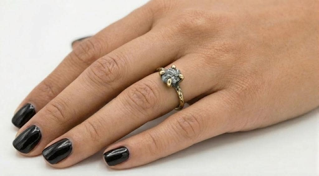 1-3 Carat Raw Diamond Ring, Dainty 14k Solid Gold Uncut Salt and Pepper Engagement Rings for Women, Solitaire Ring, Rustic Hammered Band image #2