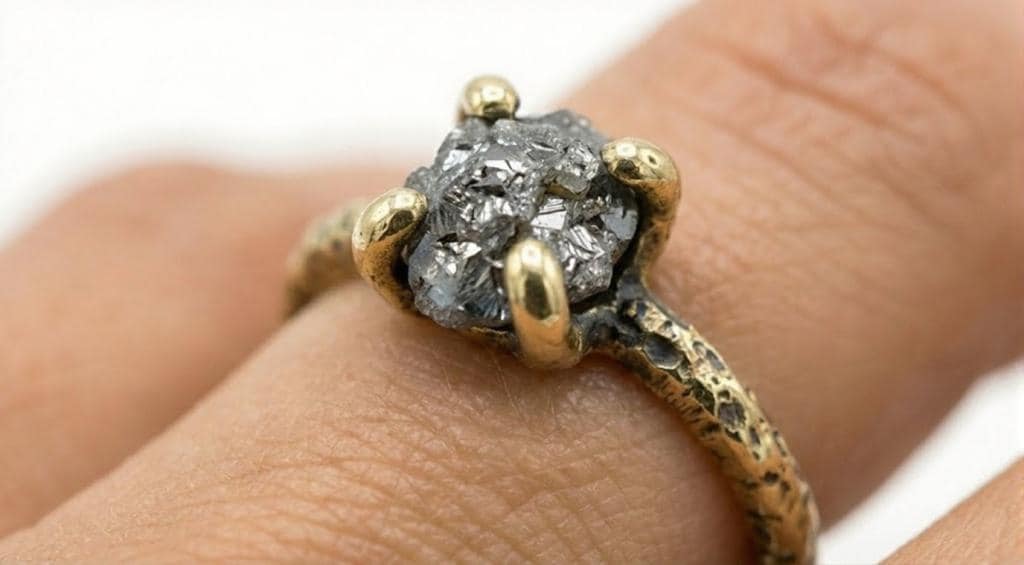 1-3 Carat Raw Diamond Ring, Dainty 14k Solid Gold Uncut Salt and Pepper Engagement Rings for Women, Solitaire Ring, Rustic Hammered Band image #4