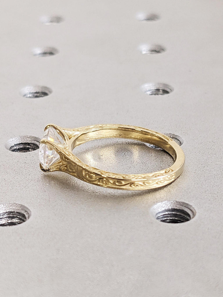 14K Yellow Gold East West Lab Diamond Engagement Ring | Solitaire Oval Lab Diamond | Vintage Filigree Bridal Band | Custom Gold Wedding Ring image #4
