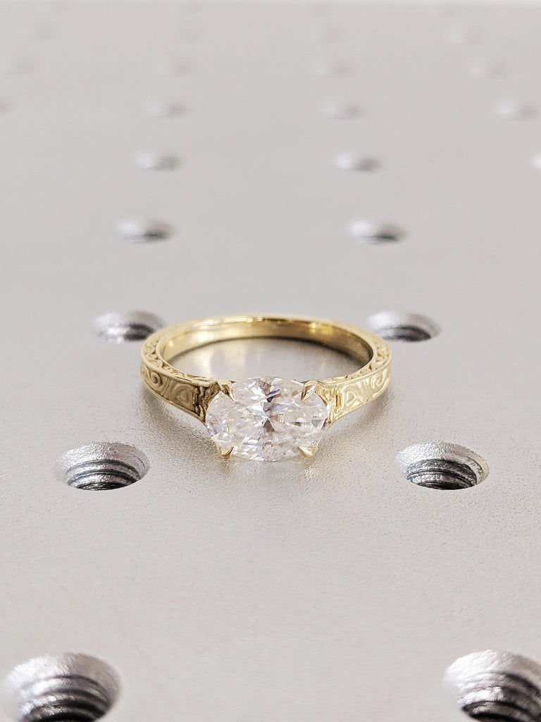 14K Gold East West Oval Moissanite Engagement Ring, Vintage Filigree Engraved Band, Art Deco Solitaire Wedding Ring