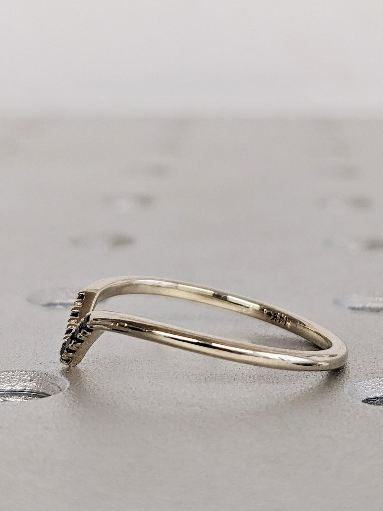 Dainty V Shaped Black Diamond Ring, 14K White Gold Diamond Chevron Matching Ring, Stackable Matching Engagement Ring, Curved Wedding Band