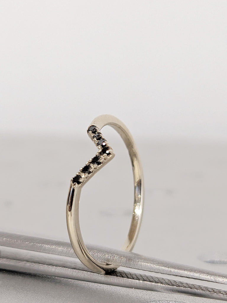 Dainty V Shaped Black Diamond Ring, 14K White Gold Diamond Chevron Matching Ring, Stackable Matching Engagement Ring, Curved Wedding Band