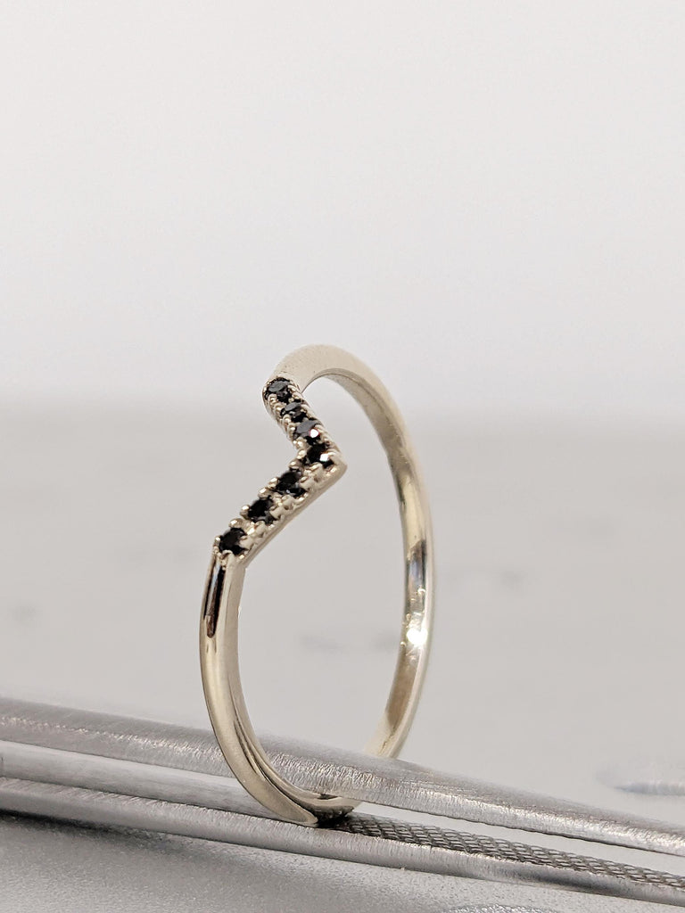 14K White Gold Black Diamond Chevron Ring, Half Eternity Diamond Matching Engagement Band, Everyday Stacking Jewelry image #3