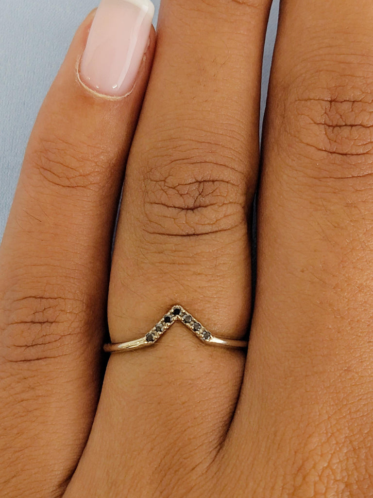 Dainty V Shaped Black Diamond Ring, 14K White Gold Diamond Chevron Matching Ring, Stackable Matching Engagement Ring, Curved Wedding Band