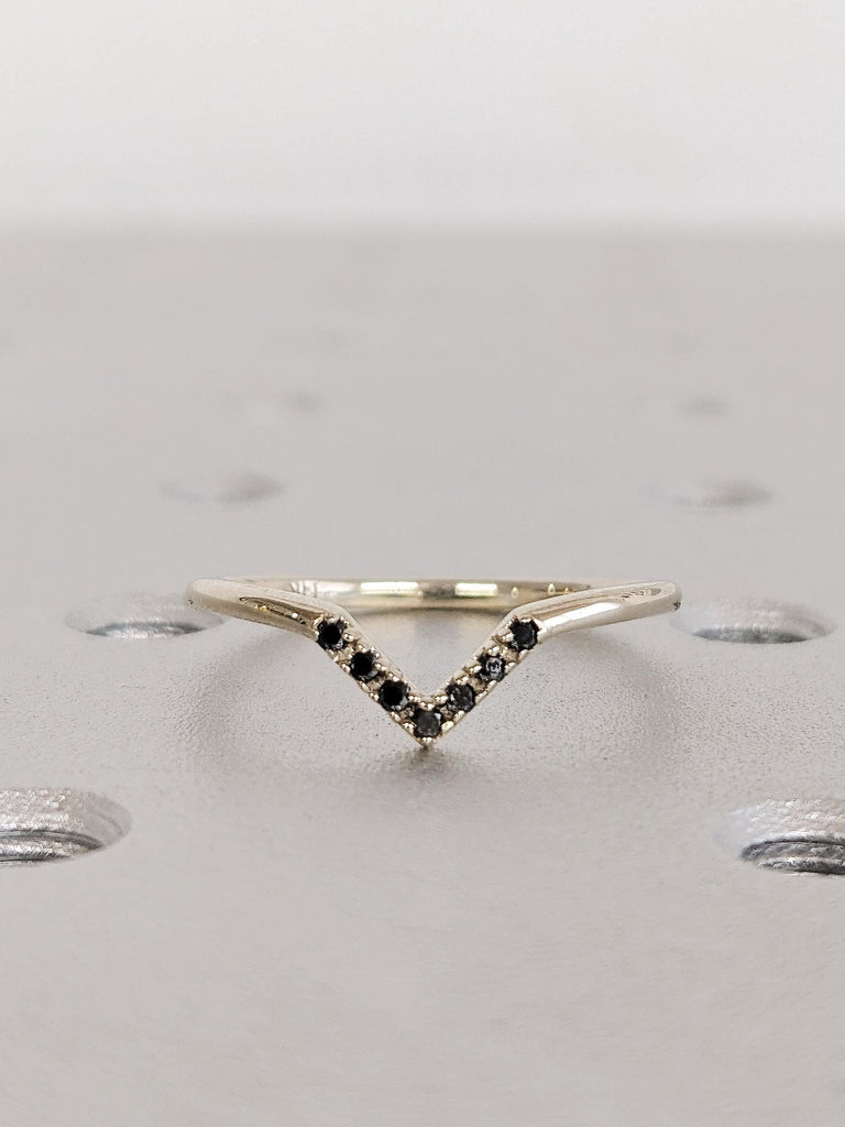 Dainty V Shaped Black Diamond Ring, 14K White Gold Diamond Chevron Matching Ring, Stackable Matching Engagement Ring, Curved Wedding Band