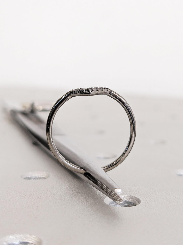Dainty Black Diamond Chevron Ring, Curved Half Eternity Diamond Matching Engagement Band, Everyday Stacking Jewelry, Promise Ring For Her