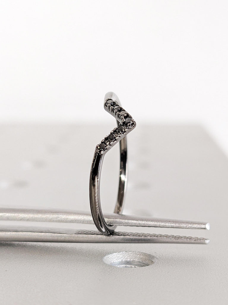 14K Black Gold Diamond Chevron Matching Band, Curved Half Eternity Black Diamond Ring, Dainty Wedding Band image #7