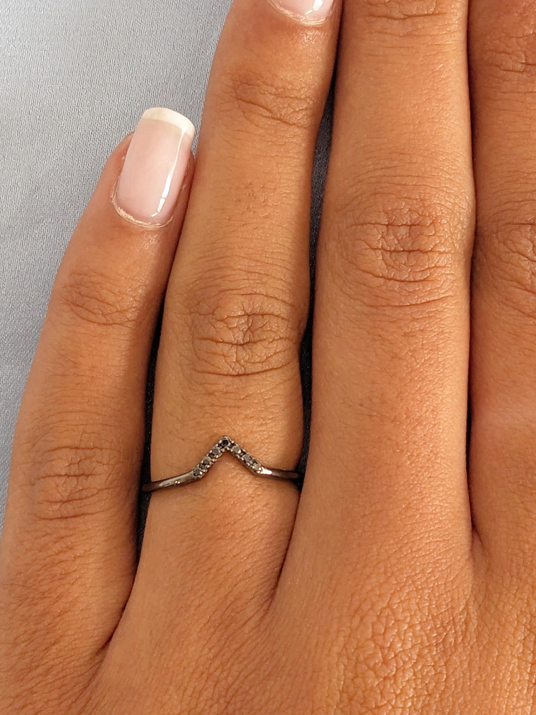 14K Black Gold Diamond Chevron Matching Band, Curved Half Eternity Black Diamond Ring, Dainty Wedding Band image #4