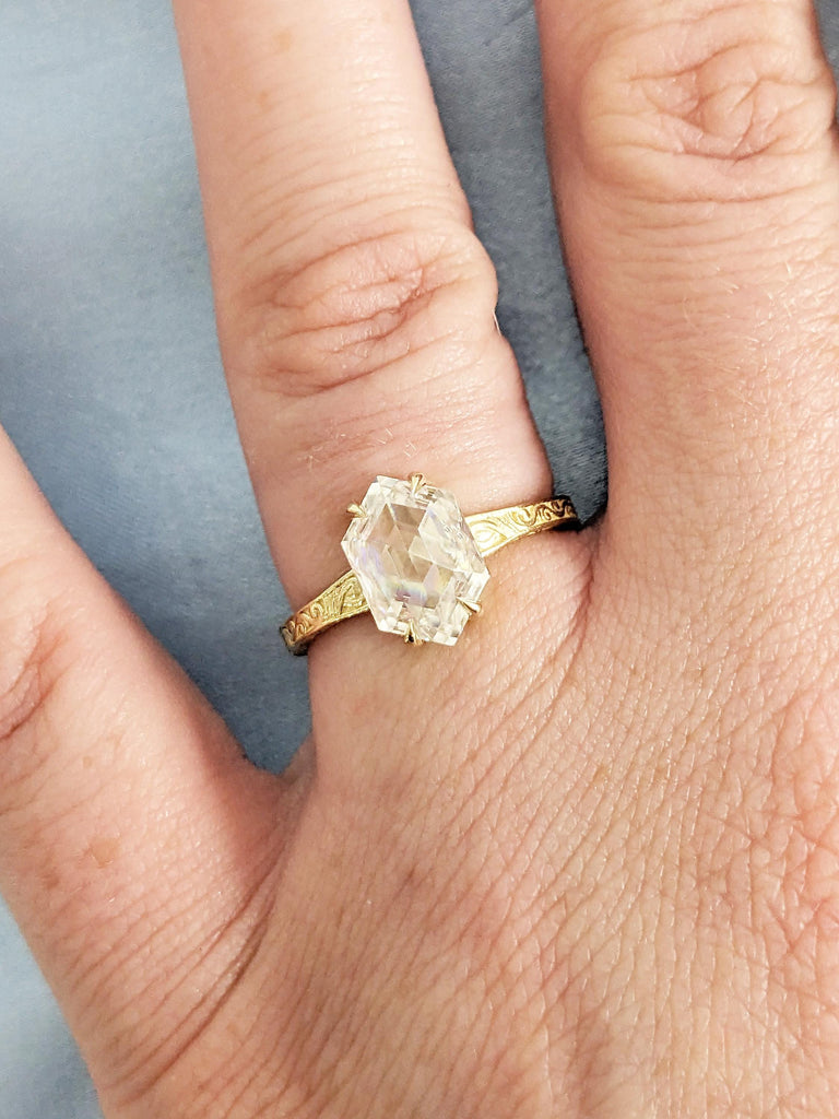 1, 2 Carat Lab Diamond Ring, Vintage Style 14k Solid Gold Hexagon Engagement Ring image #11