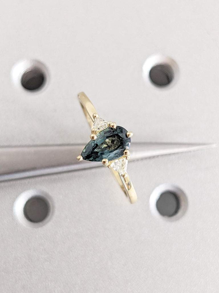 1ct Teal Sapphire Engagement Ring, 14k Solid Gold September Birthstone, Pear Shaped Ring image #9