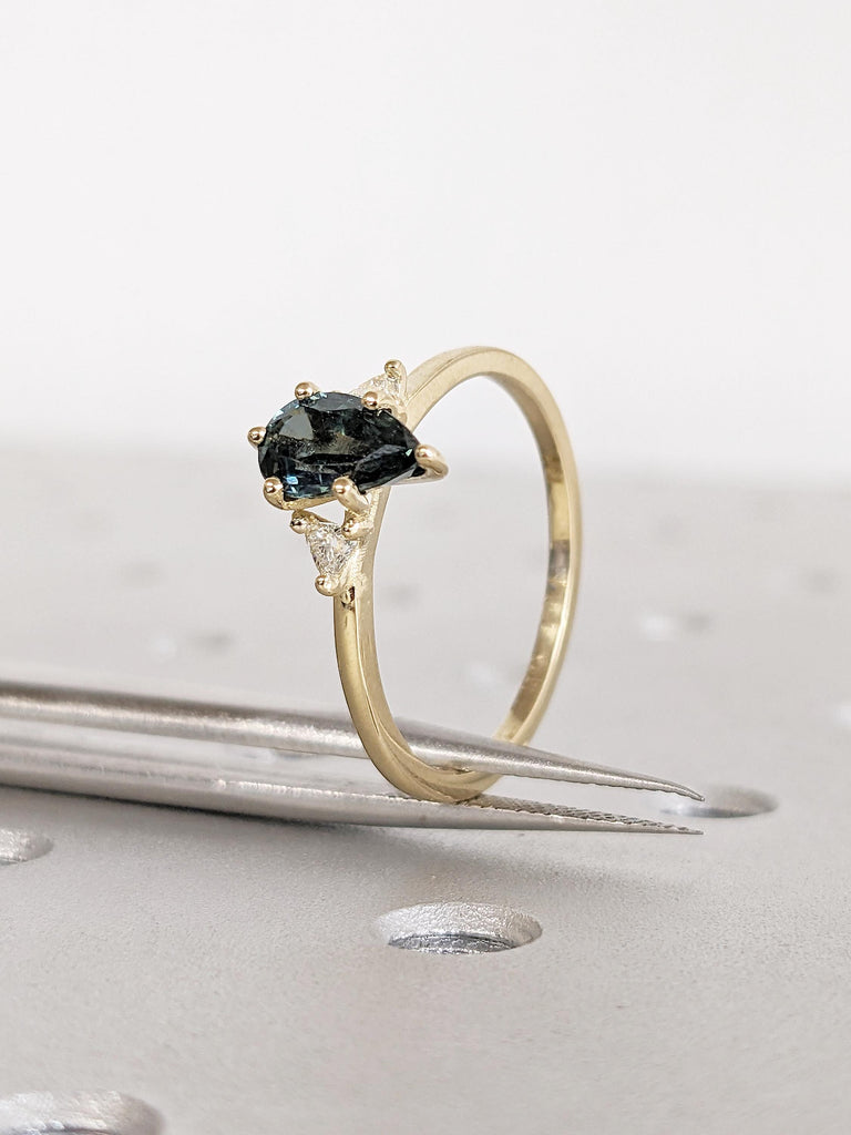 1ct Teal Sapphire Engagement Ring, 14k Solid Gold September Birthstone, Pear Shaped Ring image #6
