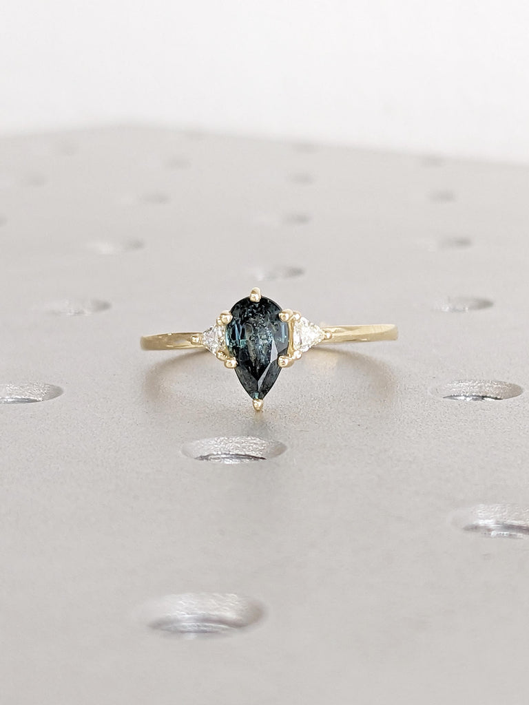 One-of-a-Kind Montana Sapphire Ring, 14k Yellow Gold Pear Shaped Engagement Ring, Three Stone Diamond and Blue Green Sapphire Birthstone image #8