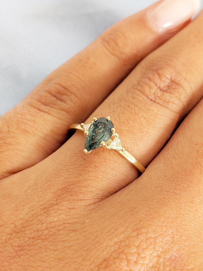 One-of-a-Kind Montana Sapphire Ring, 14k Yellow Gold Pear Shaped Engagement Ring, Three Stone Diamond and Blue Green Sapphire Birthstone image #11