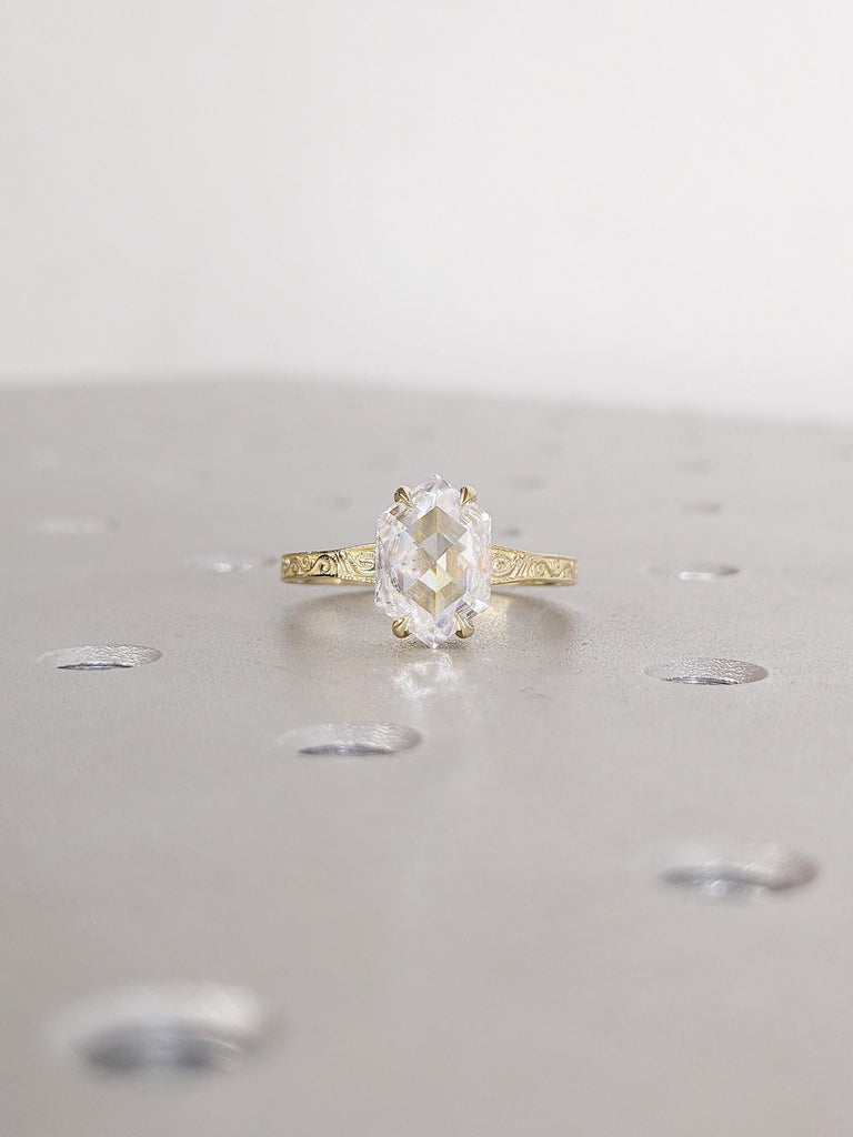Hexagon Cut Moissanite Engagement Ring, Unique 14K Yellow Gold Filigree Engraving Wedding Band, Vintage Inspired Solitaire Rings for Women image #2