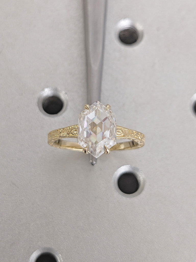 1, 2 Carat Lab Diamond Ring, Vintage Style 14k Solid Gold Hexagon Engagement Ring image #6