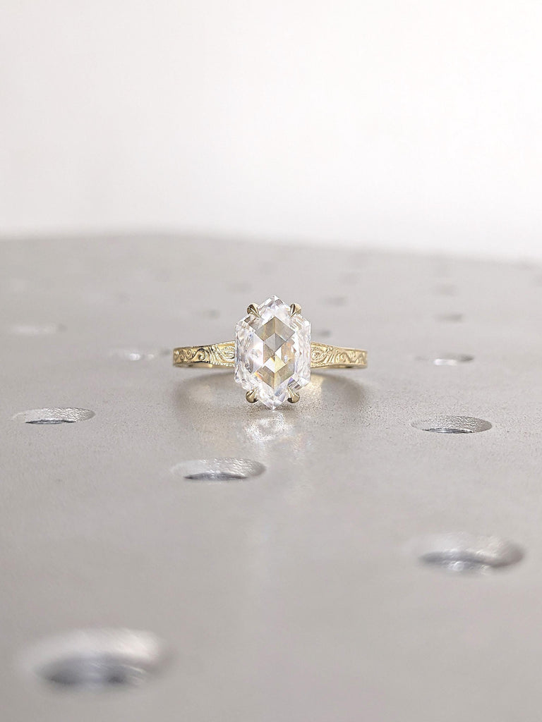 Hexagon Cut Moissanite Engagement Ring, Unique 14K Yellow Gold Filigree Engraving Wedding Band, Vintage Inspired Solitaire Rings for Women image #11