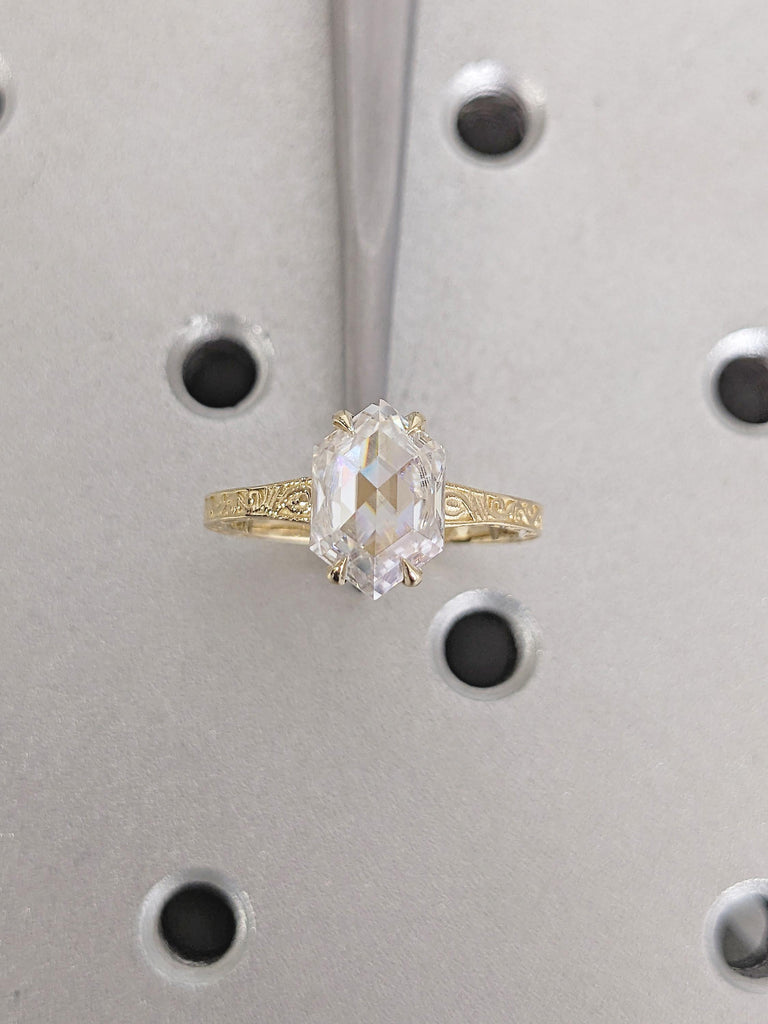 Hexagon Cut Moissanite Engagement Ring, Unique 14K Yellow Gold Filigree Engraving Wedding Band, Vintage Inspired Solitaire Rings for Women image #9