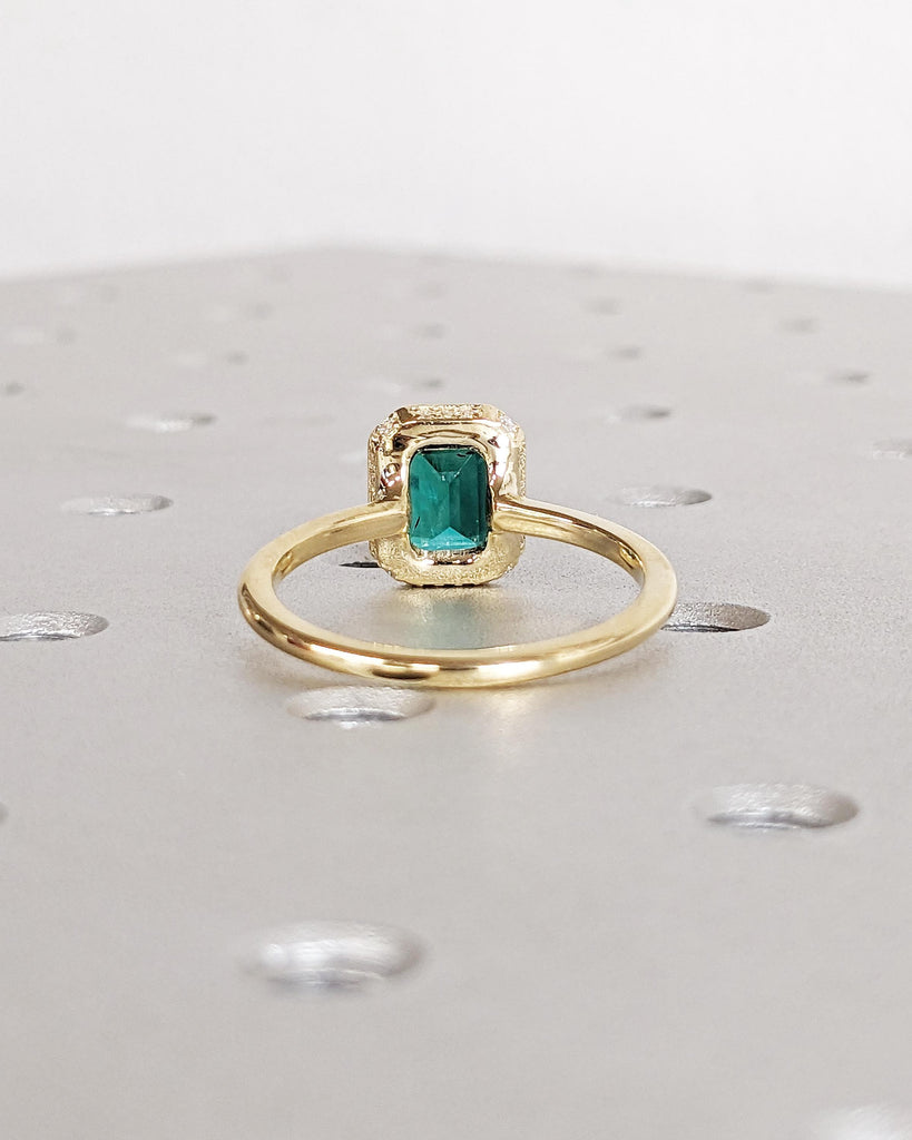 Bezel Set Emerald Engagement Ring, Emerald Cut Lab Emerald Solitaire, Diamond Hidden Halo Ring, 14K Gold Green Gemstone Ring, May Birthstone image #4