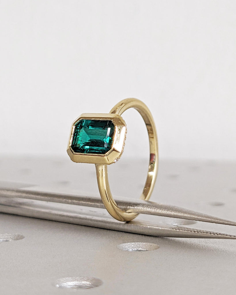 Bezel Set Emerald Engagement Ring, Emerald Cut Lab Emerald Solitaire, Diamond Hidden Halo Ring, 14K Gold Green Gemstone Ring, May Birthstone image #7