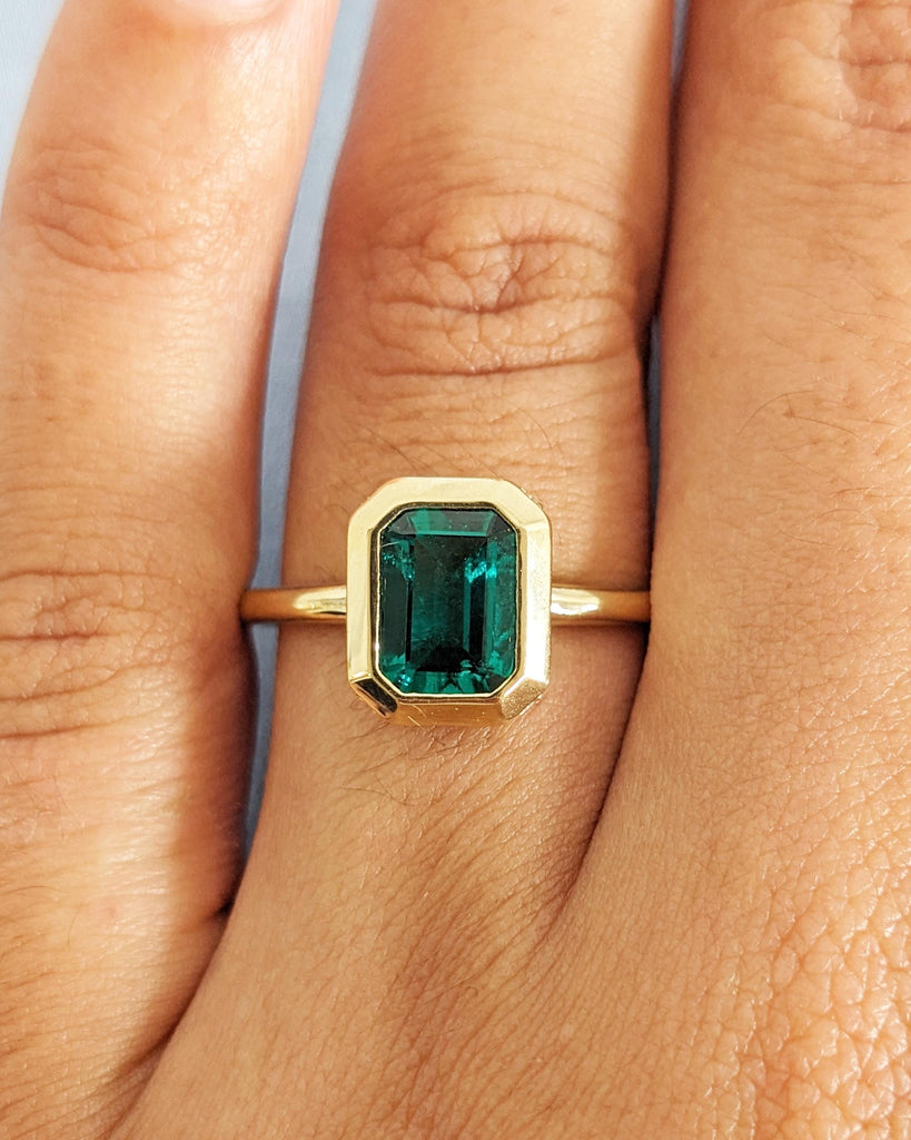 Bezel Set Emerald Engagement Ring, Emerald Cut Lab Emerald Solitaire, Diamond Hidden Halo Ring, 14K Gold Green Gemstone Ring, May Birthstone image #9