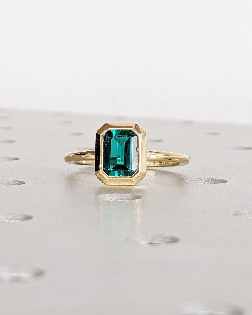 Bezel Set Emerald Engagement Ring, Emerald Cut Lab Emerald Solitaire, Diamond Hidden Halo Ring, 14K Gold Green Gemstone Ring, May Birthstone