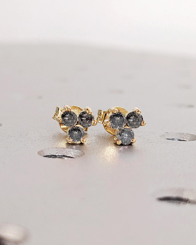 18K Gold Salt and Pepper Diamond Earrings, Gold Screw Back Pair Stud Earrings, Round Cluster Diamond Salt Pepper Earrings, Christmas Gift