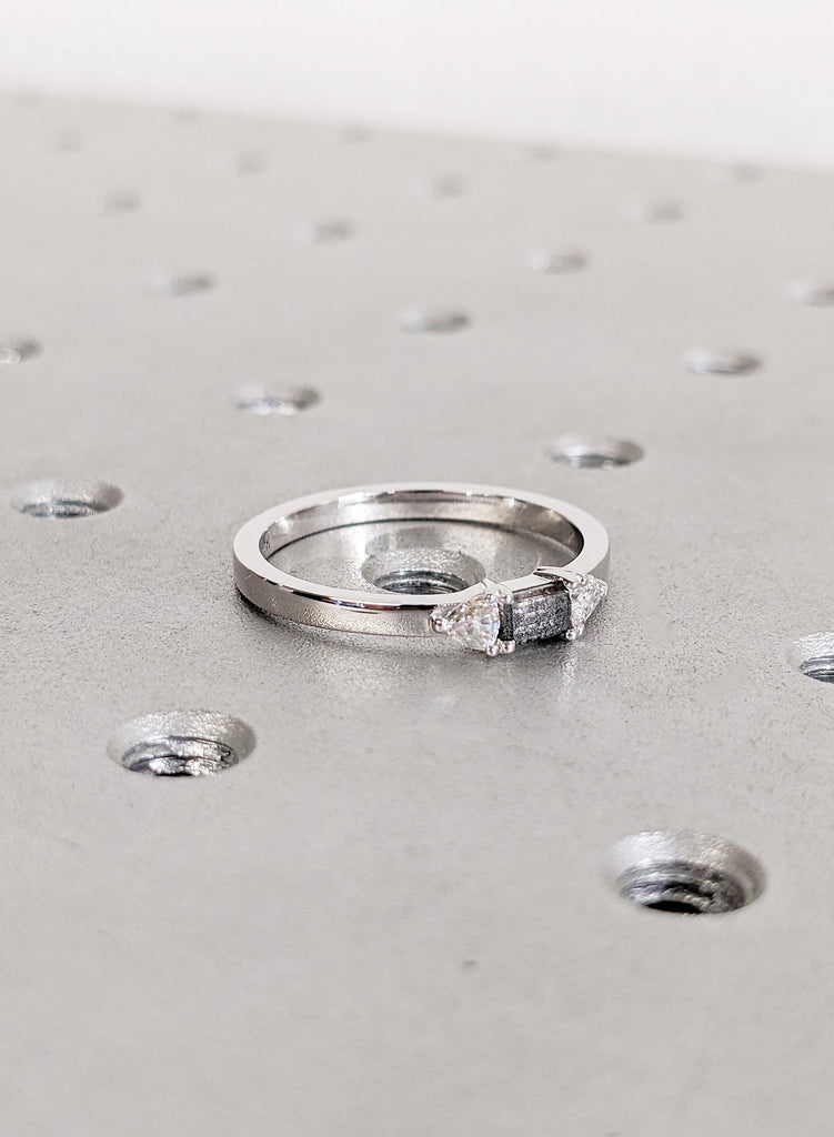 Salt and Pepper Diamond Engagement Ring , 14K White Gold Baguette Diamond Ring, Unique Minimalist Ring, Modern Bridal Ring, Trio Stone Ring image #3