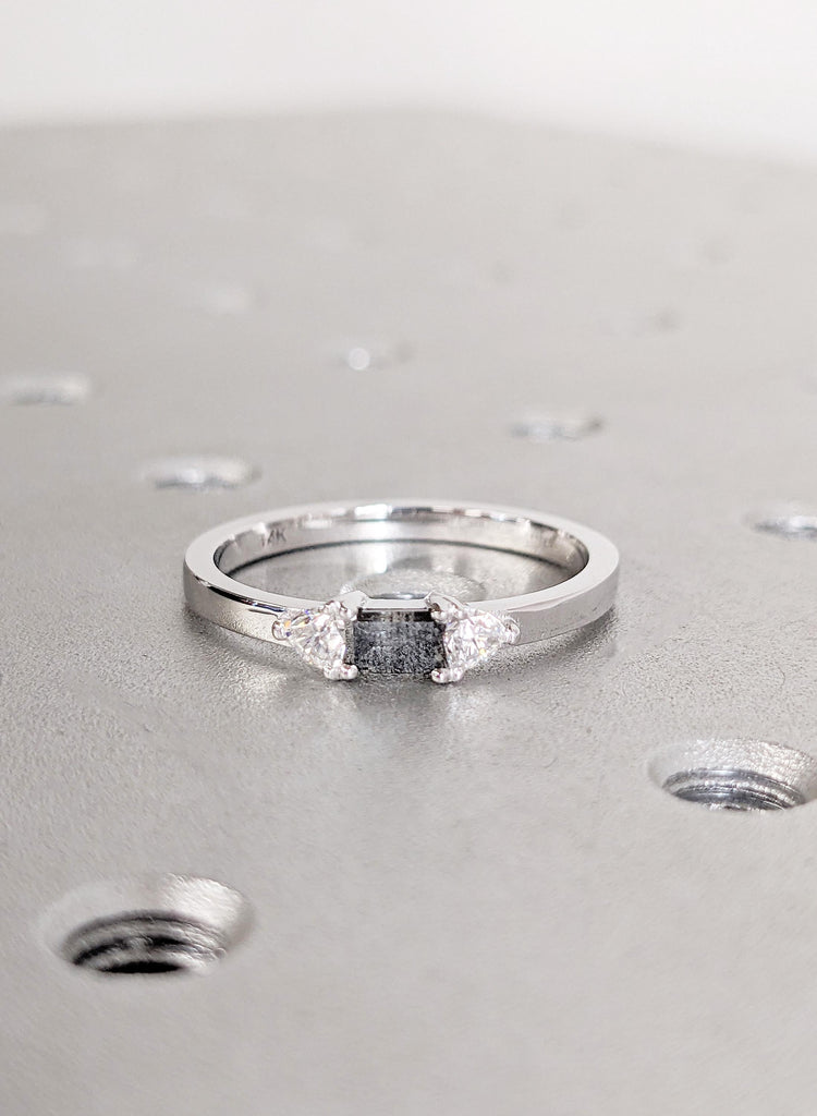 Salt and Pepper Diamond Engagement Ring , 14K White Gold Baguette Diamond Ring, Unique Minimalist Ring, Modern Bridal Ring, Trio Stone Ring image #4