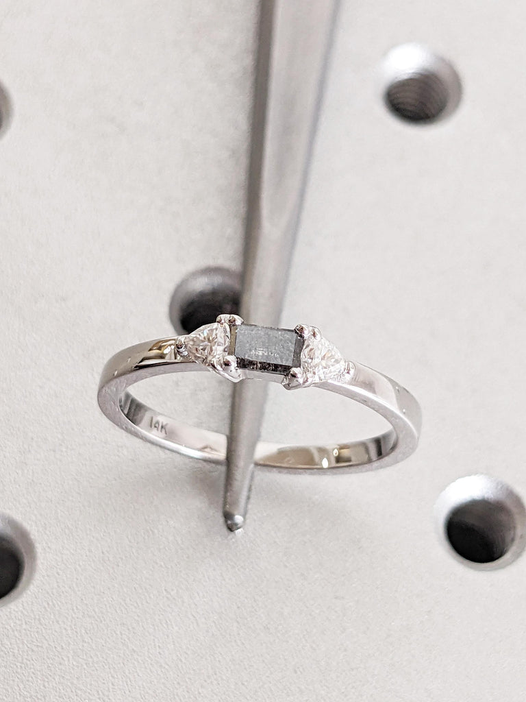 Salt and Pepper Diamond Engagement Ring , 14K White Gold Baguette Diamond Ring, Unique Minimalist Ring, Modern Bridal Ring, Trio Stone Ring image #13