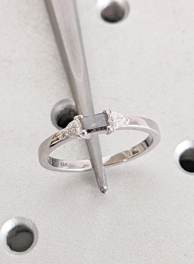 Salt and Pepper Diamond Engagement Ring , 14K White Gold Baguette Diamond Ring, Unique Minimalist Ring, Modern Bridal Ring, Trio Stone Ring image #11