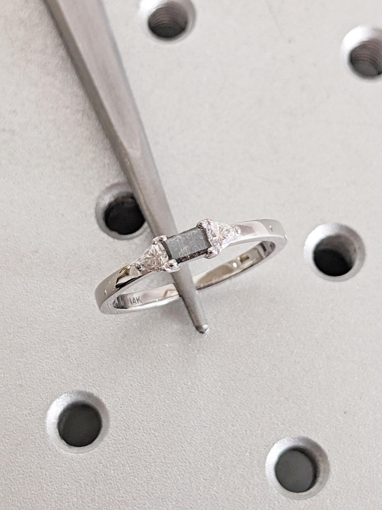 Salt and Pepper Diamond Engagement Ring , 14K White Gold Baguette Diamond Ring, Unique Minimalist Ring, Modern Bridal Ring, Trio Stone Ring image #12