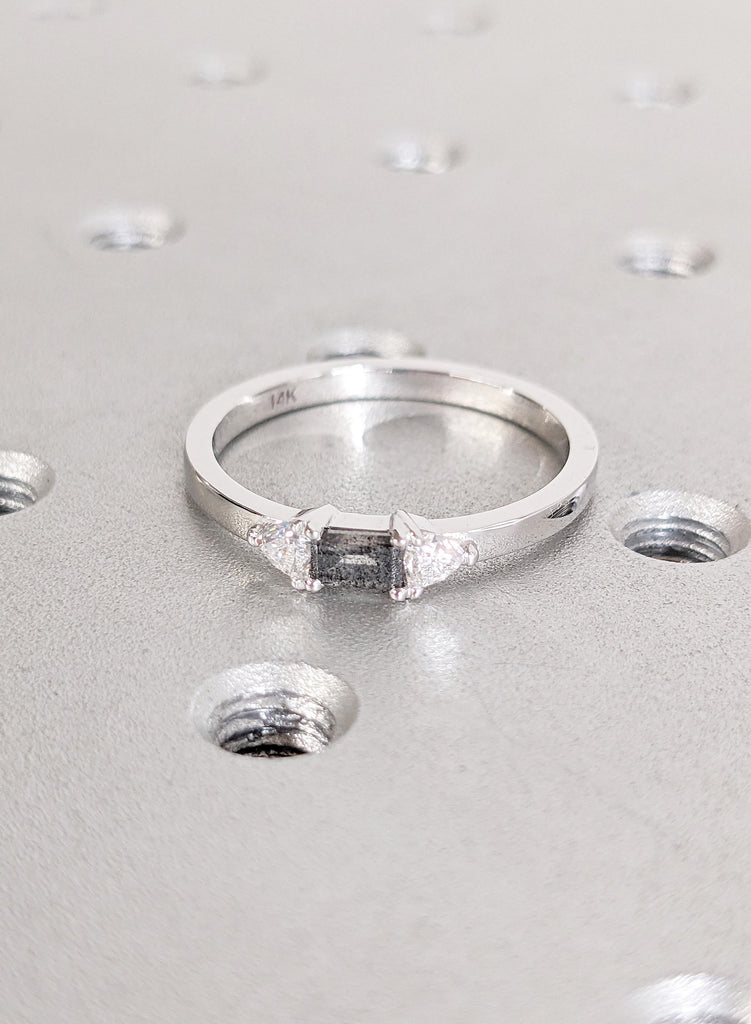 Salt and Pepper Diamond Engagement Ring , 14K White Gold Baguette Diamond Ring, Unique Minimalist Ring, Modern Bridal Ring, Trio Stone Ring image #8