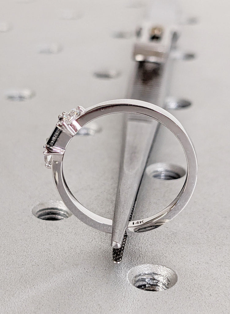 Salt and Pepper Diamond Engagement Ring , 14K White Gold Baguette Diamond Ring, Unique Minimalist Ring, Modern Bridal Ring, Trio Stone Ring image #15