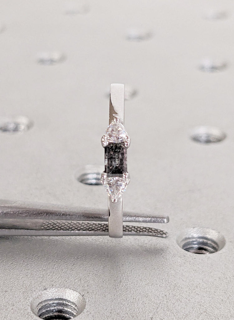 Salt and Pepper Diamond Engagement Ring , 14K White Gold Baguette Diamond Ring, Unique Minimalist Ring, Modern Bridal Ring, Trio Stone Ring image #14