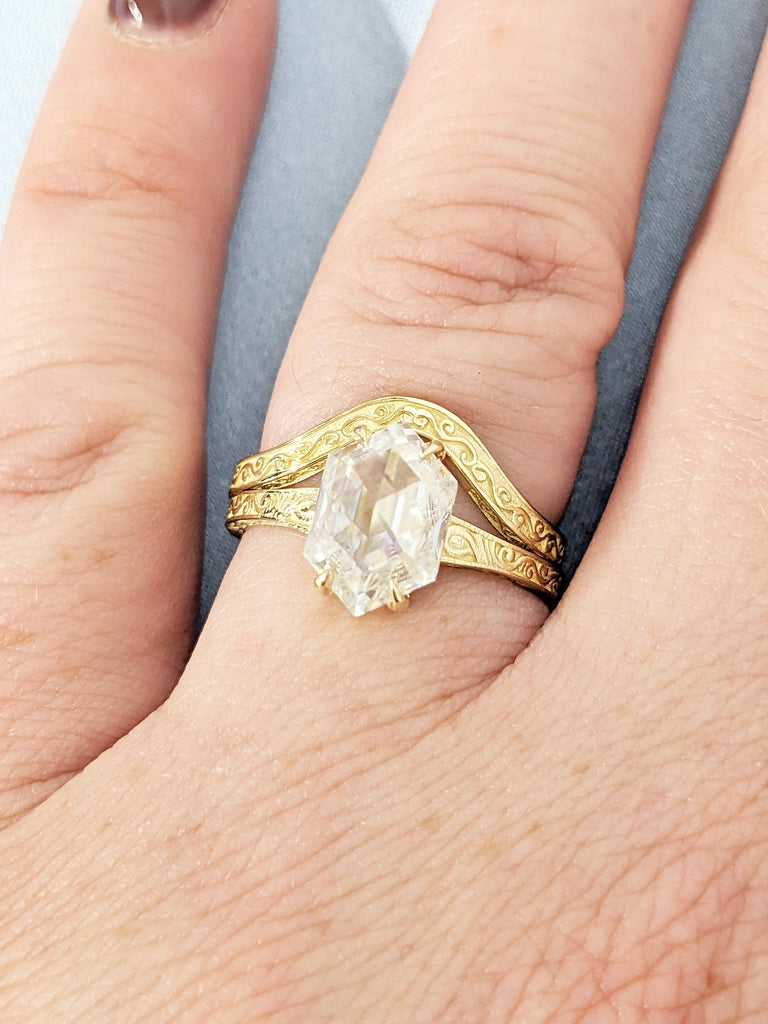 Solitaire Moissanite Engagement Ring, Bridal Set, Scrollwork 14k Yellow Gold Hexagon Ring image #8