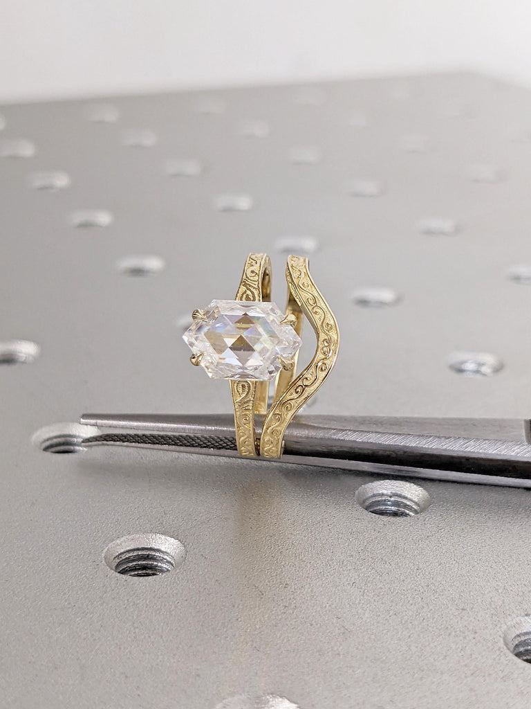 Vintage 14k Yellow Gold Wedding Bridal Set for Women, Lab Grown Diamond Statement Ring, Hexagon Engagement Ring, Art Deco Filigree Ring image #5