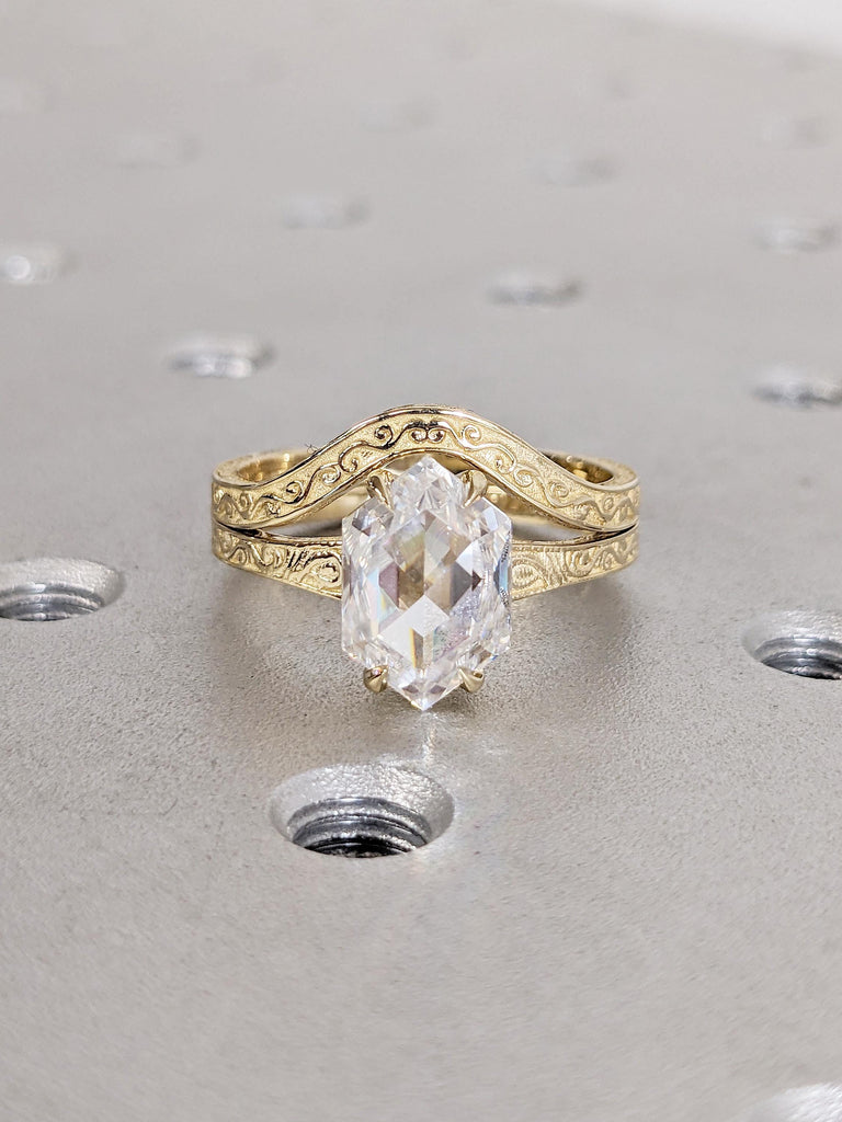 Solitaire Moissanite Engagement Ring, Bridal Set, Scrollwork 14k Yellow Gold Hexagon Ring image #9
