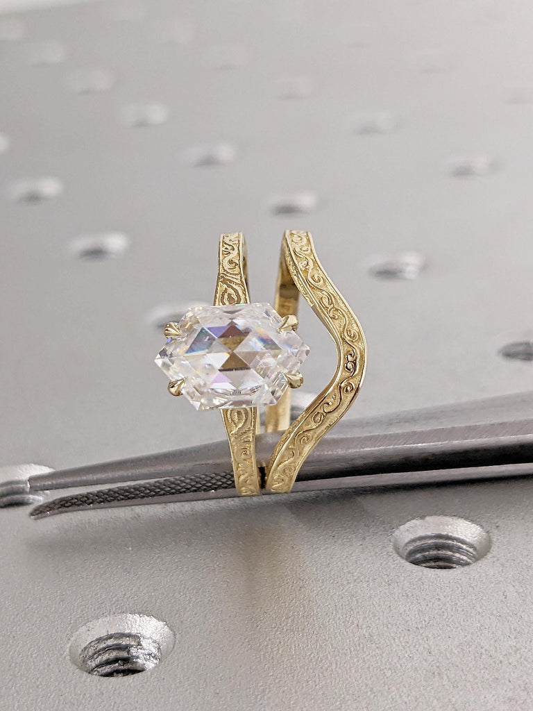 Solitaire Moissanite Engagement Ring, Bridal Set, Scrollwork 14k Yellow Gold Hexagon Ring image #14