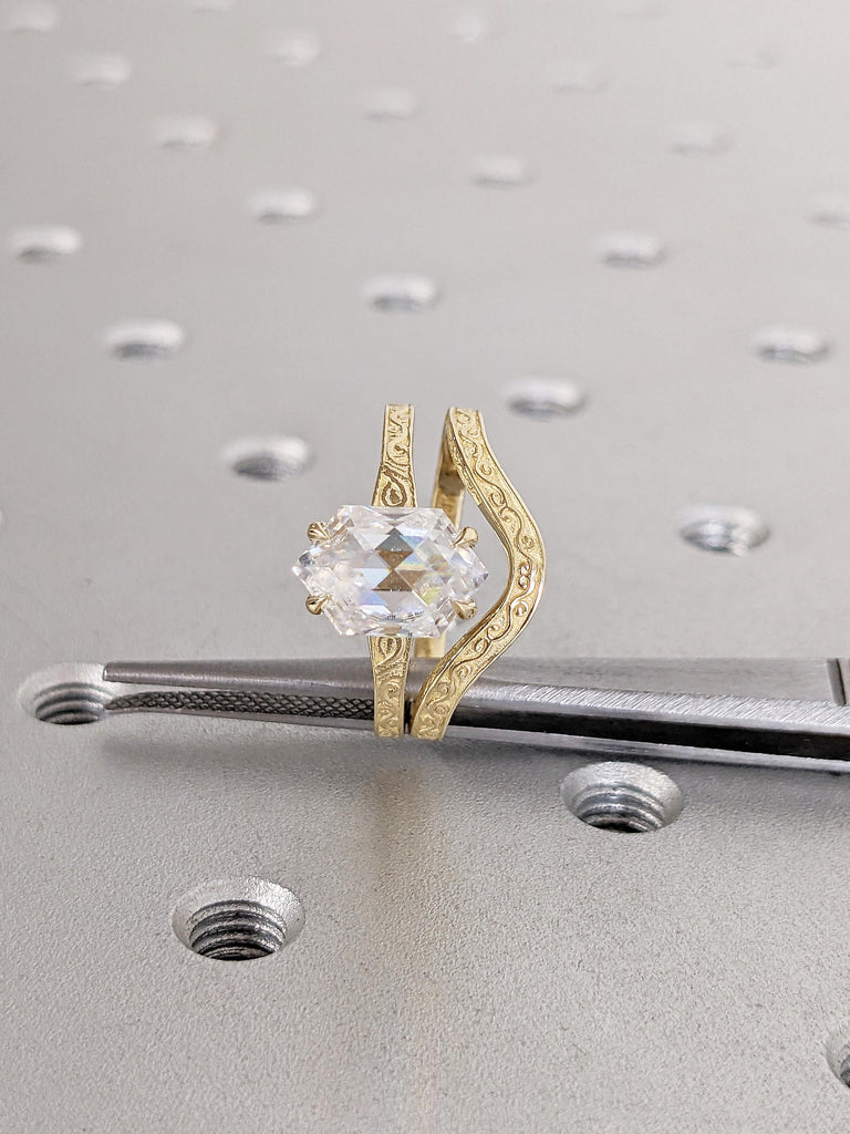 Solitaire Moissanite Engagement Ring, Bridal Set, Scrollwork 14k Yellow Gold Hexagon Ring image #11