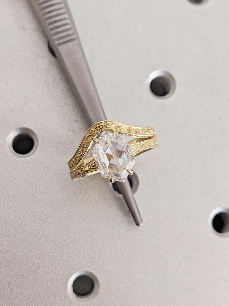 Solitaire Moissanite Engagement Ring, Bridal Set, Scrollwork 14k Yellow Gold Hexagon Ring image #13